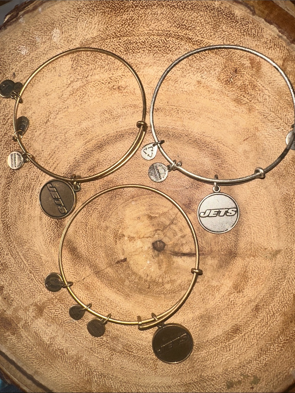 3 Pre Owned Alex & Ani Gold & Silver Jets Charm Bangle Set (FREE silver bangle) - Picture 1 of 3